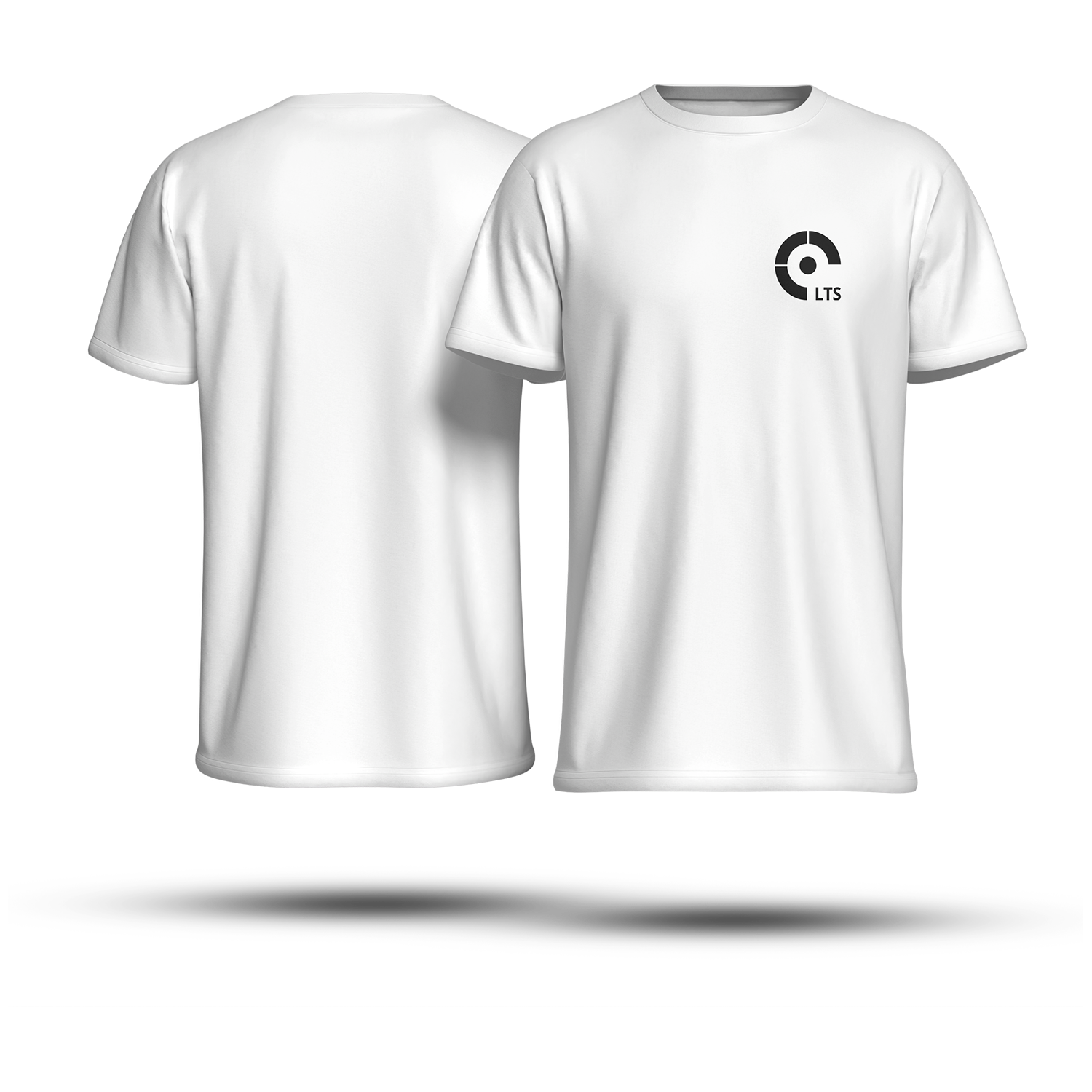 weisses T-Shirt mit schwarzem LTS-Logo auf der Brust